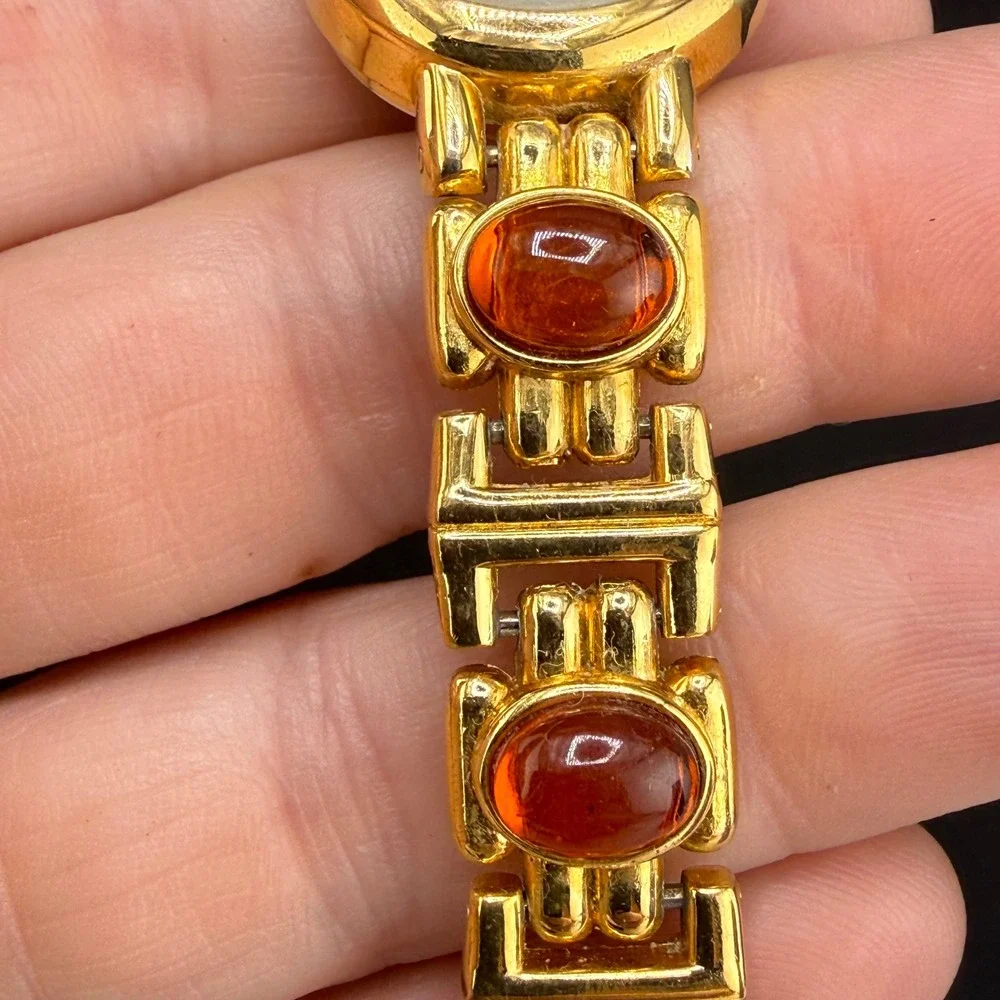 Vintage Lee Sands Watch Gold Tone Mother of Pearl Cabochon Link Bracelet READ